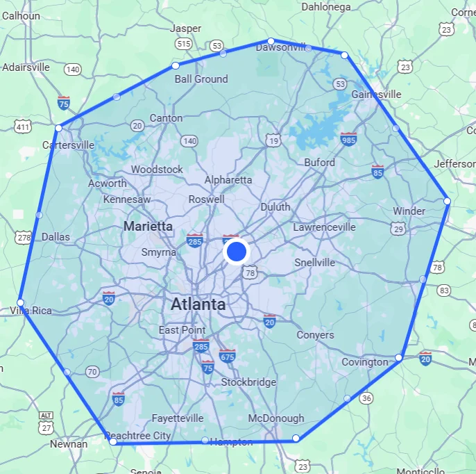Map of the Post Exchange Catering delivery area covering Metro Atlanta, from Alpharetta and Kennesaw to Conyers and Villa Rica