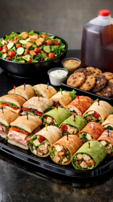 Casual catered lunch buffet with sandwiches, salads and sides