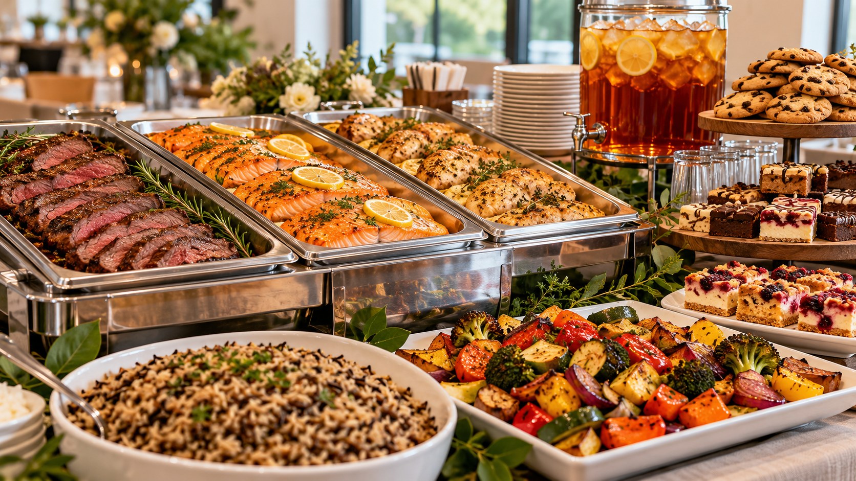 Catered buffet table with stainless chafing dishes of steak, salmon and chicken, sides, desserts and iced tea