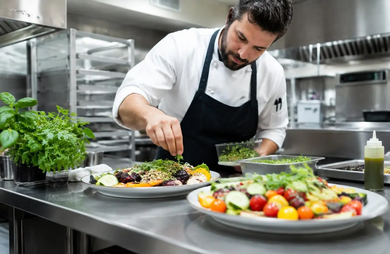Post Exchange Catering chef garnishing freshly prepared plates in a commercial kitchen