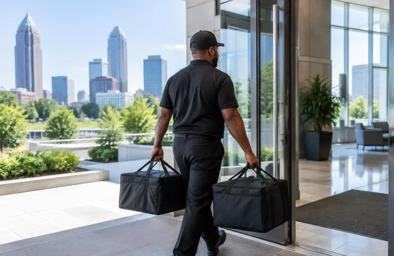 Post Exchange Catering delivery driver carrying insulated catering bags into an office building in the Chamblee area