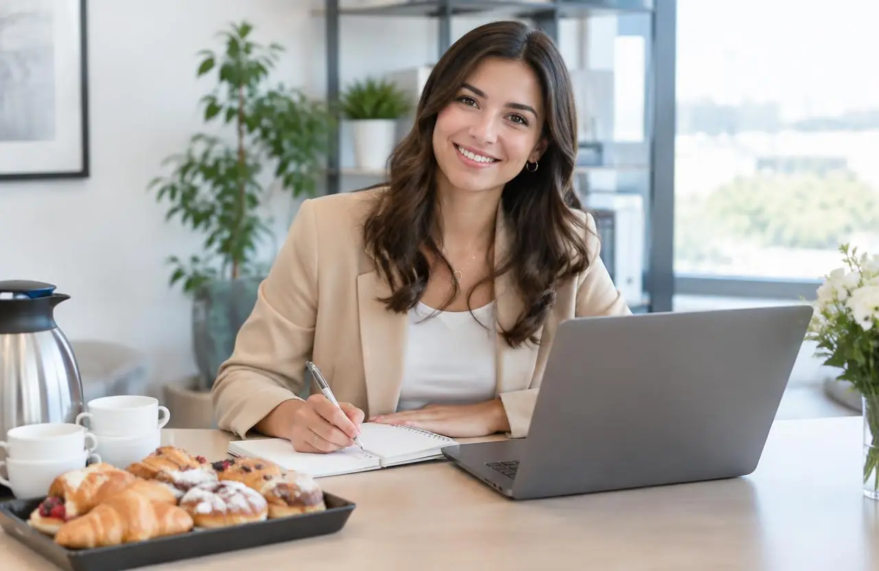 Office manager at her desk with a laptop, coffee and a tray of catered pastries