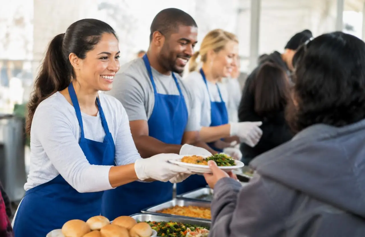 Volunteers in blue aprons serving hot meals to guests at a community food service