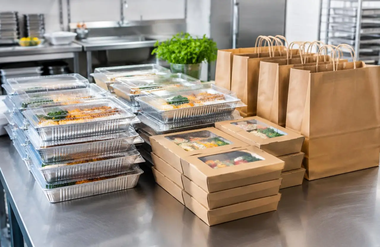 Stacks of foil catering trays, kraft boxes and paper bags of freshly prepared food ready for pickup in the Post Exchange Catering kitchen
