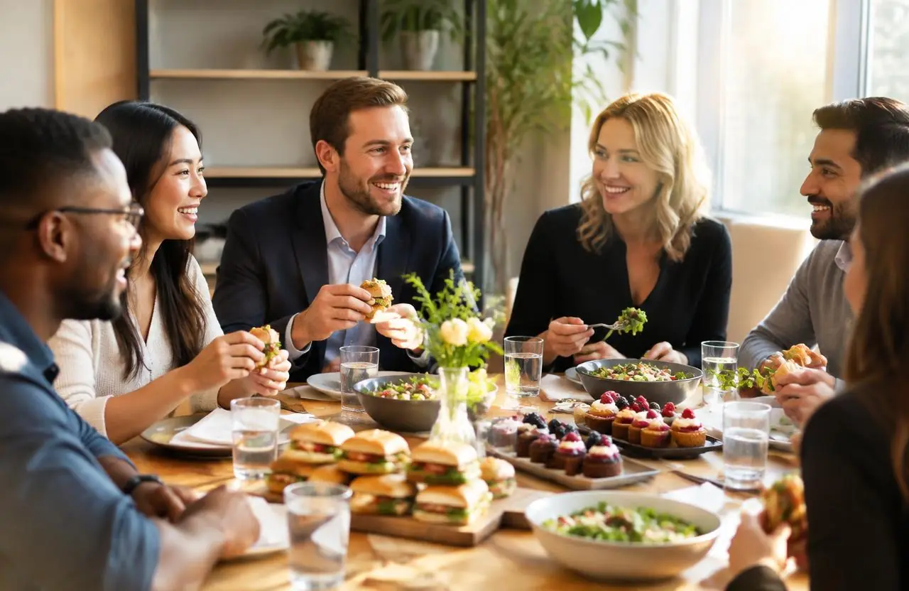 Colleagues sharing a catered lunch of sandwiches, salads and desserts around a meeting table