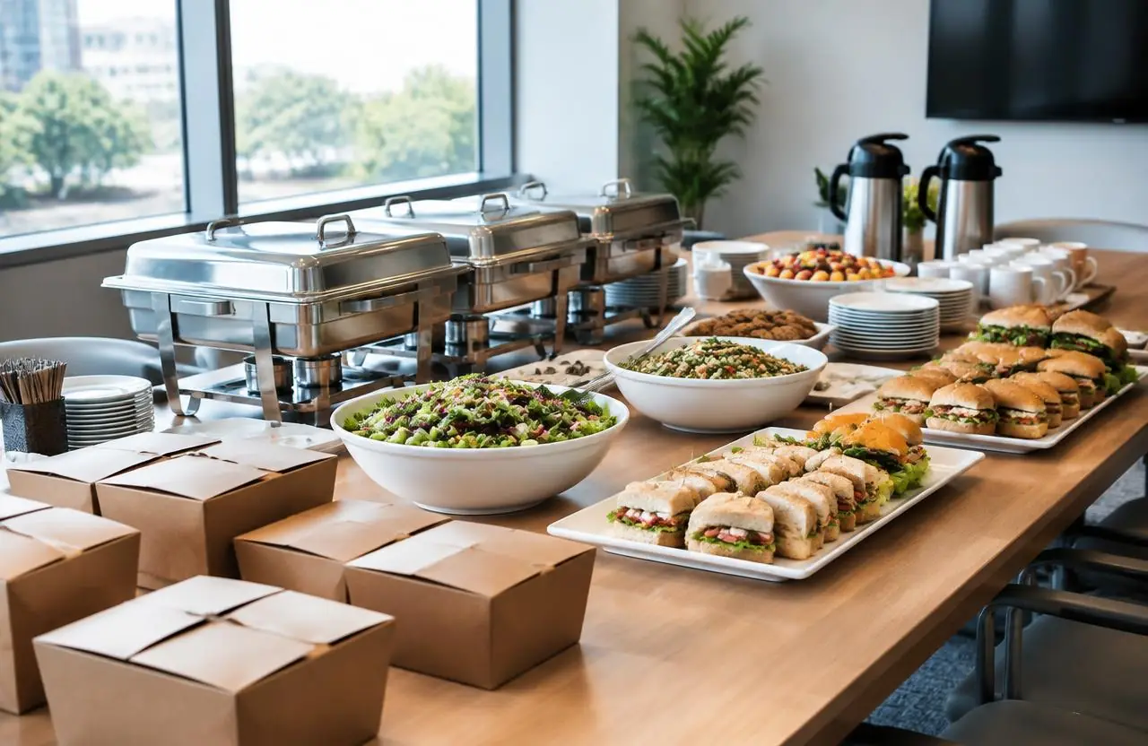 Office catering spread with chafing dishes, salad bowls, sandwich trays and boxed lunches set out on a conference-room table